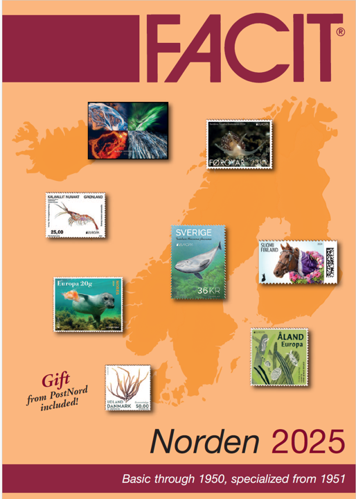 Facit Norden 2025 frimärkskatalog för nordiska frimärken från Sverige, Norge, Danmark, Finland och Island