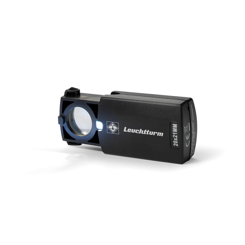 Kokoontaitettava LED-valaistu suurennuslasi, 20x suurennus, musta, Ø 18 mm